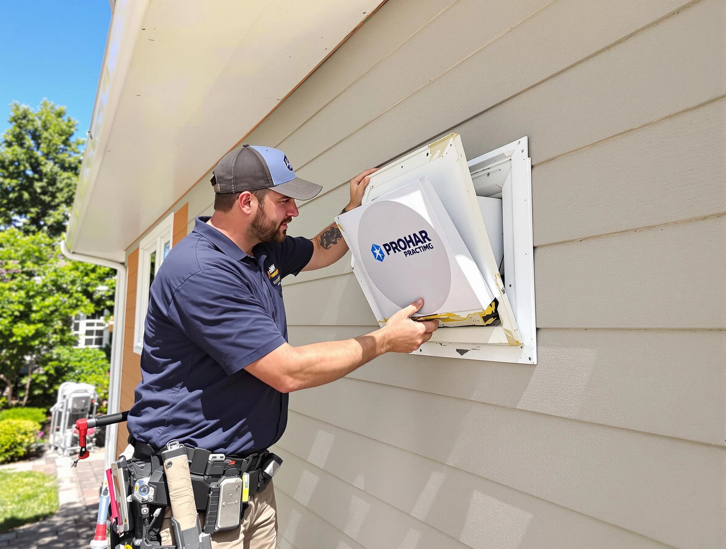 Villa Rica Dryer Vent Cleaning technician installing a new protective dryer vent cover on a home in Villa Rica