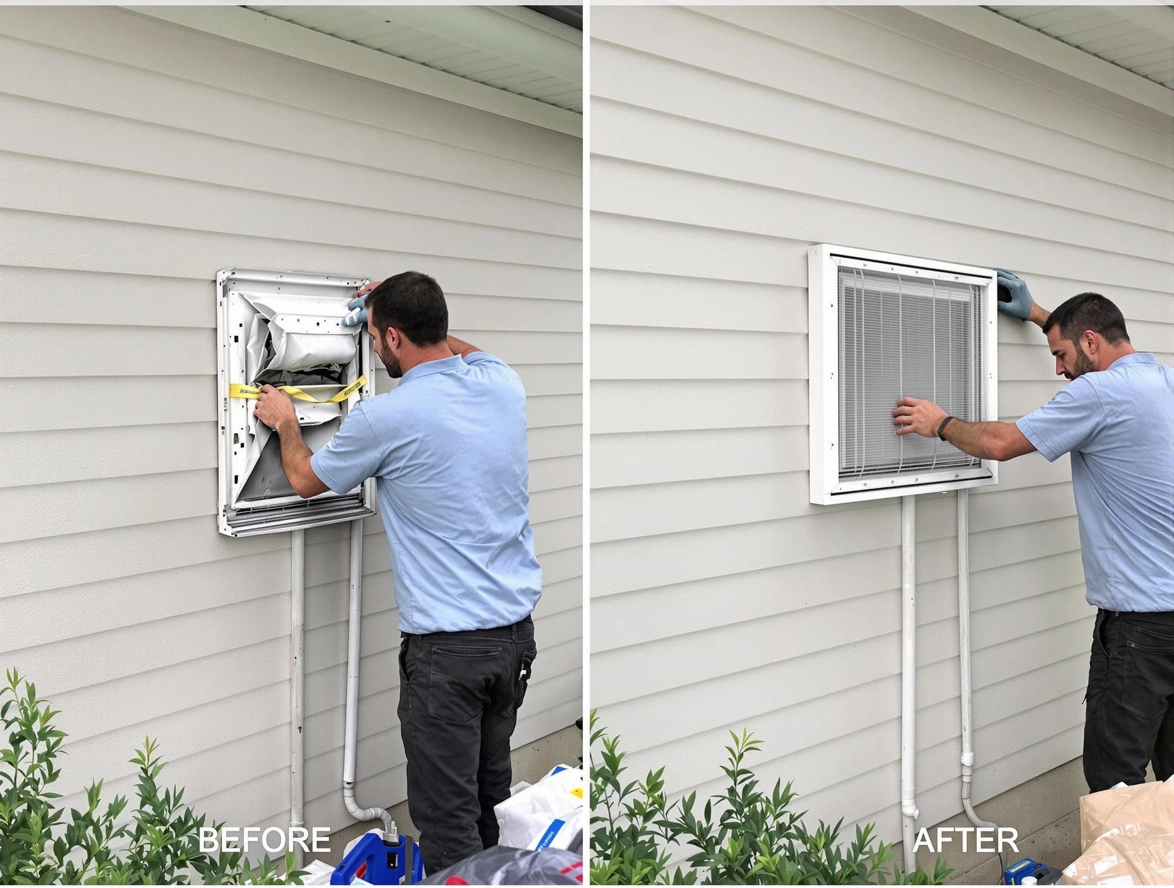 Villa Rica Dryer Vent Cleaning technician installing high-quality dryer vent cover at a residential property in Villa Rica