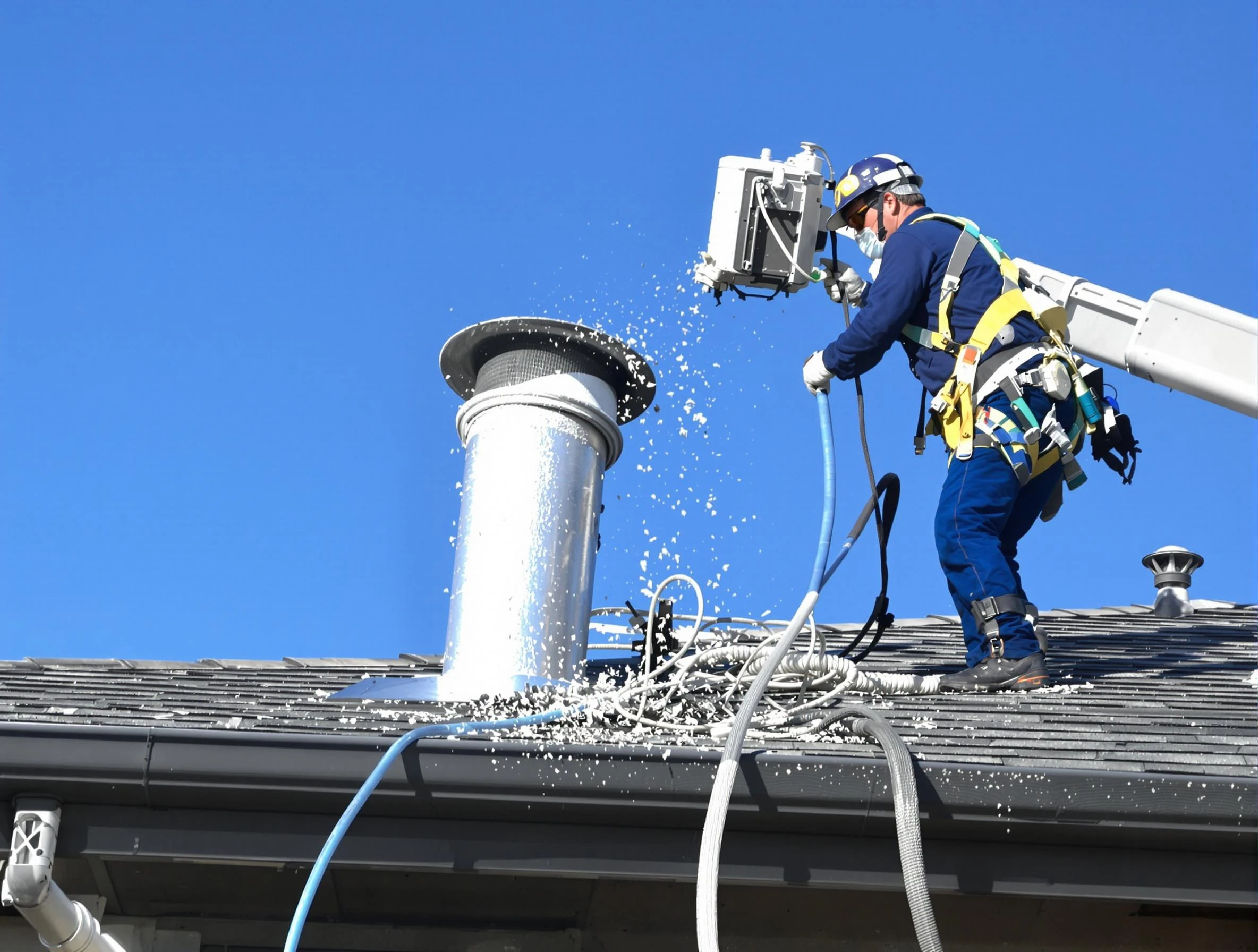 Villa Rica Dryer Vent Cleaning certified technician safely cleaning a roof-mounted dryer vent in Villa Rica
